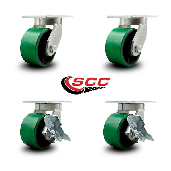 6 Inch Heavy Duty Green Poly on Cast Iron Wheel Swivel Caster Set with 2 Brakes